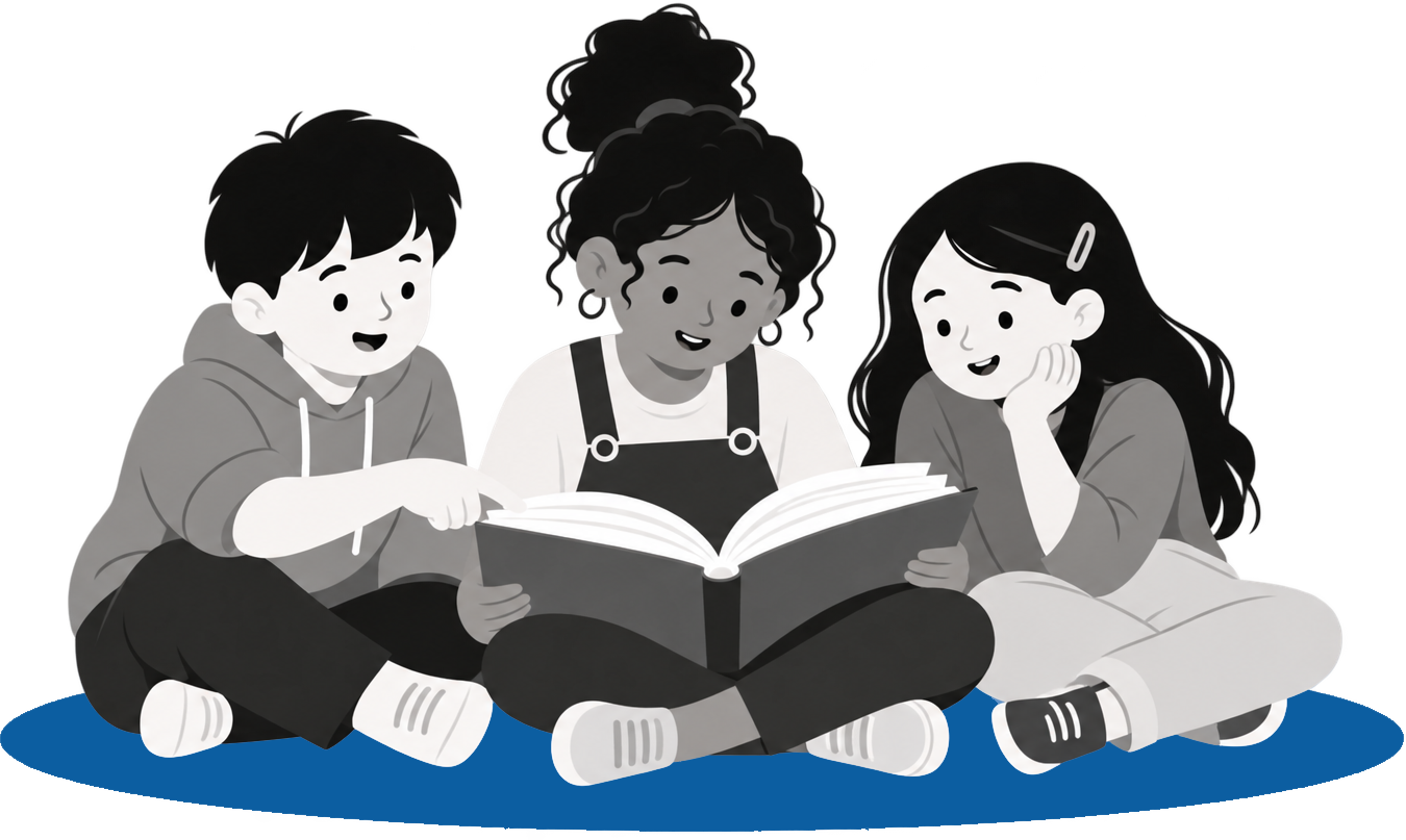 Ilustración de tres niños y niñas leyendo juntos un libro.