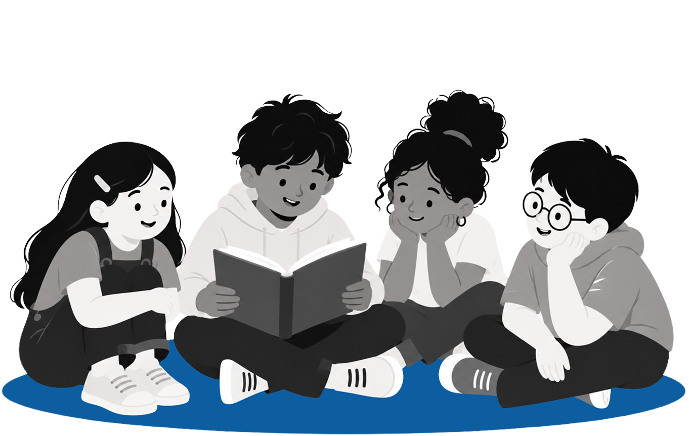 Ilustración de varios niños leyendo un libro.