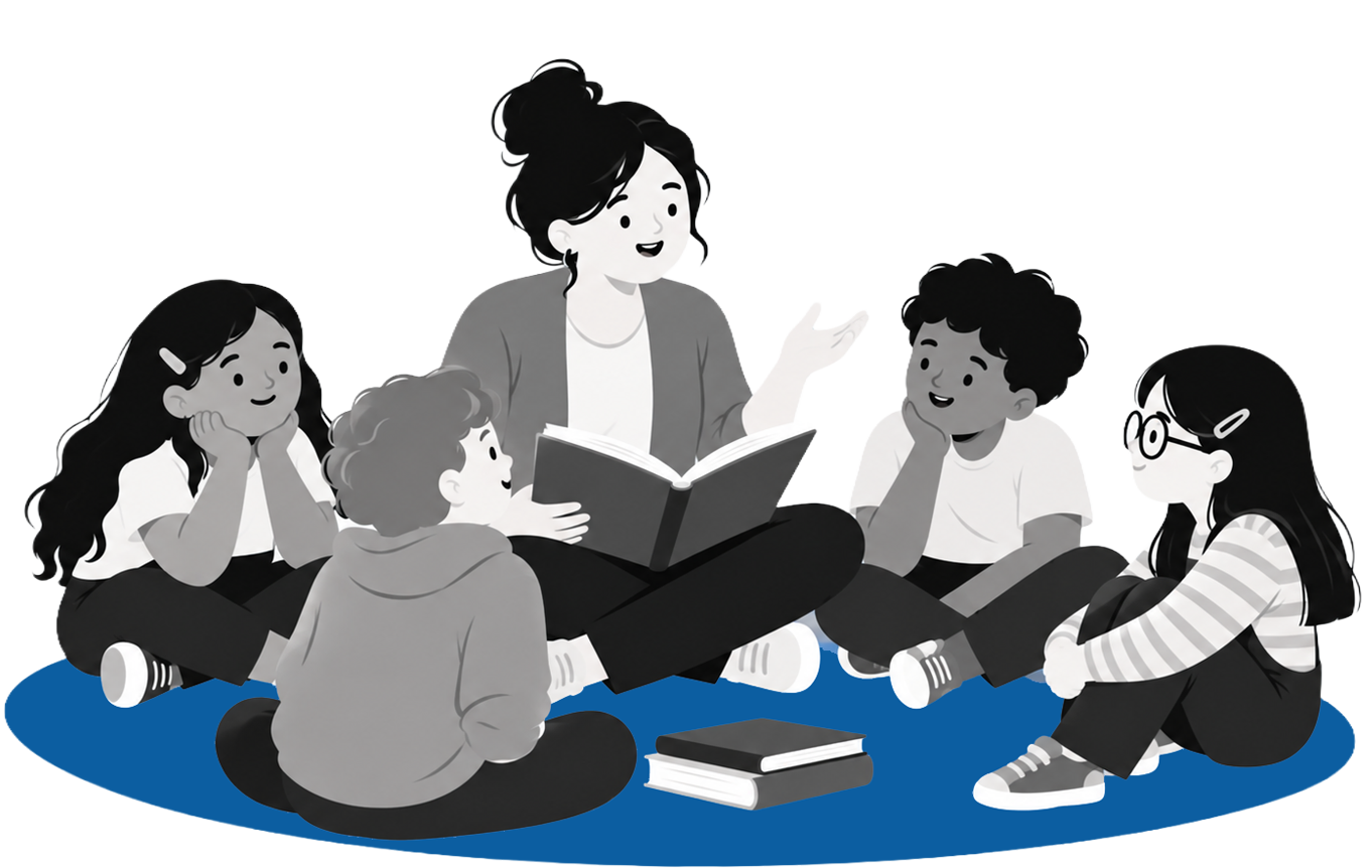 Ilustración de una docente hablando a sus alumnos.